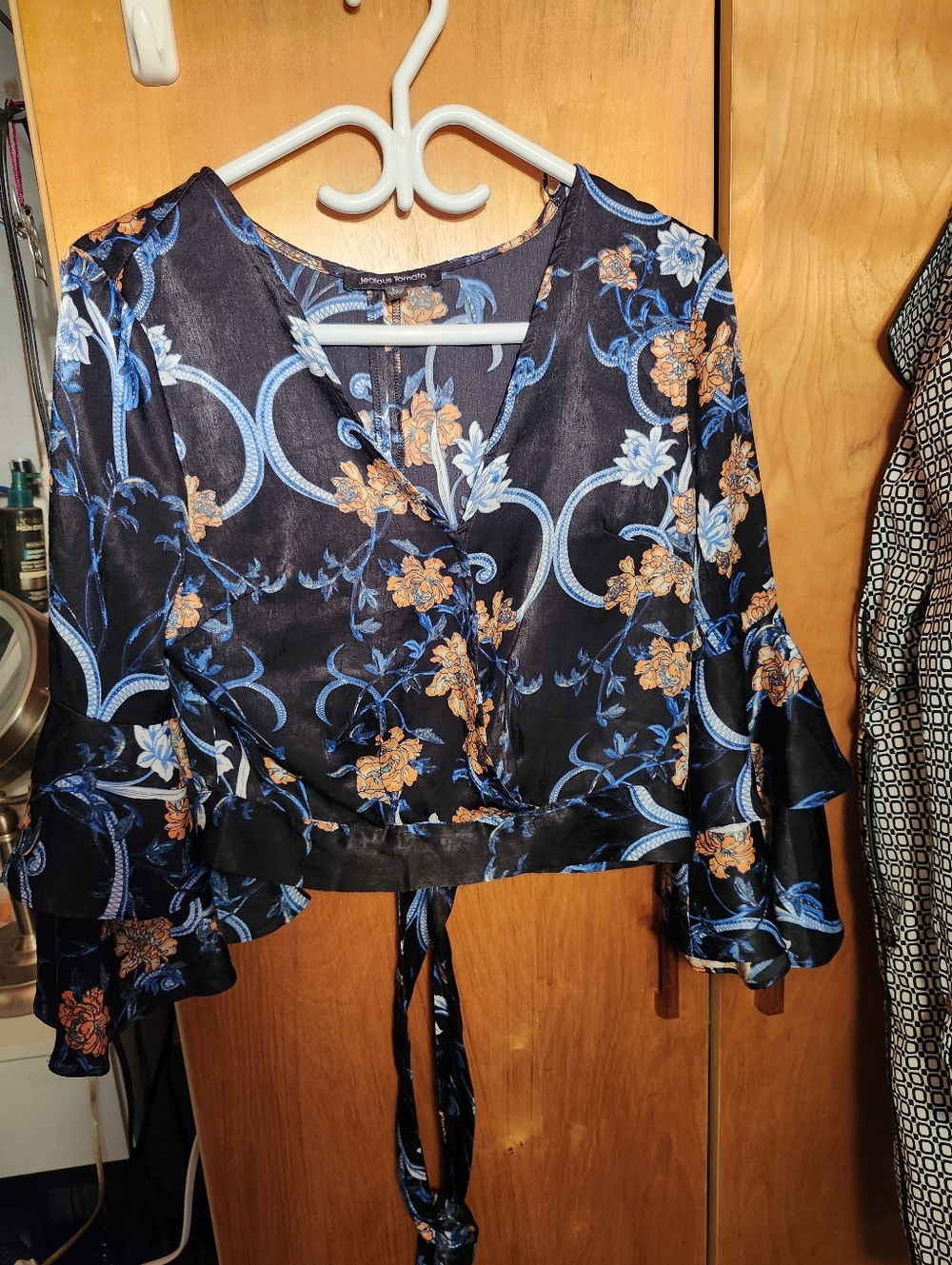 Jealous Tomato  Woven Floral Wrap Top in Navy and Blue